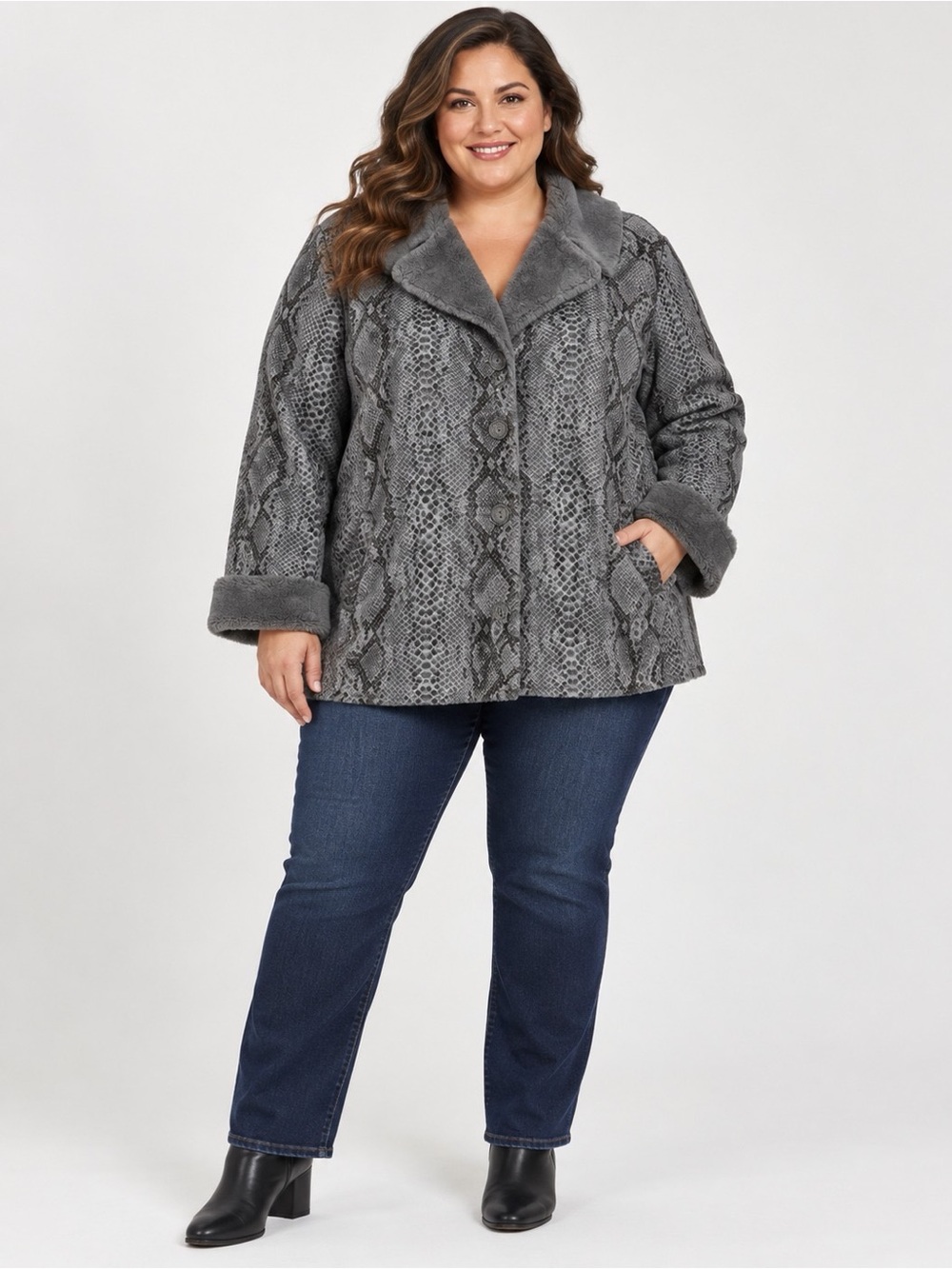 dennis basso Gray Snake-Print Faux Fur Teddy Coat